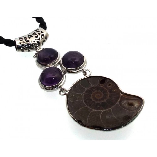 Ammonite Fossil and Amethyst Gemstone Pendant 06